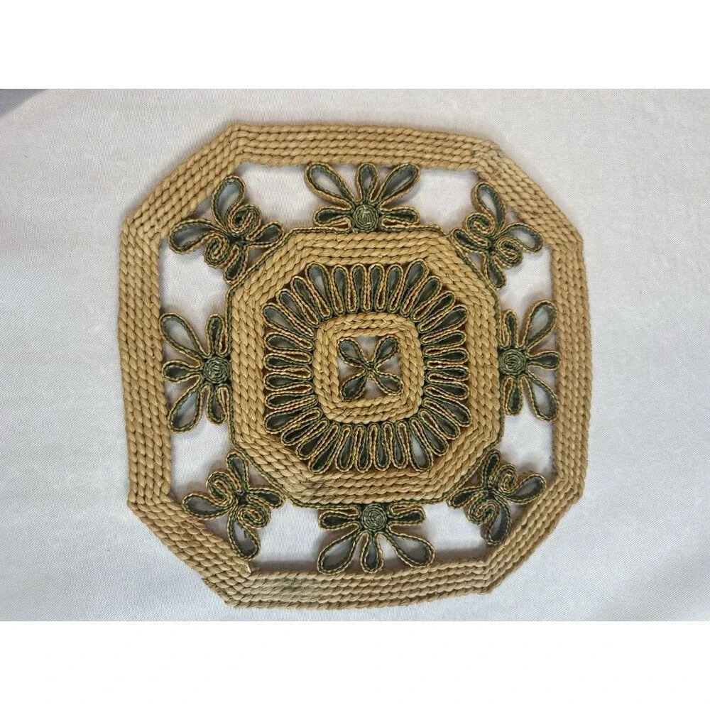Vintage 1970s Woven Straw Hot Pad Trivet Octagon Olive Green Natural Boho Chic